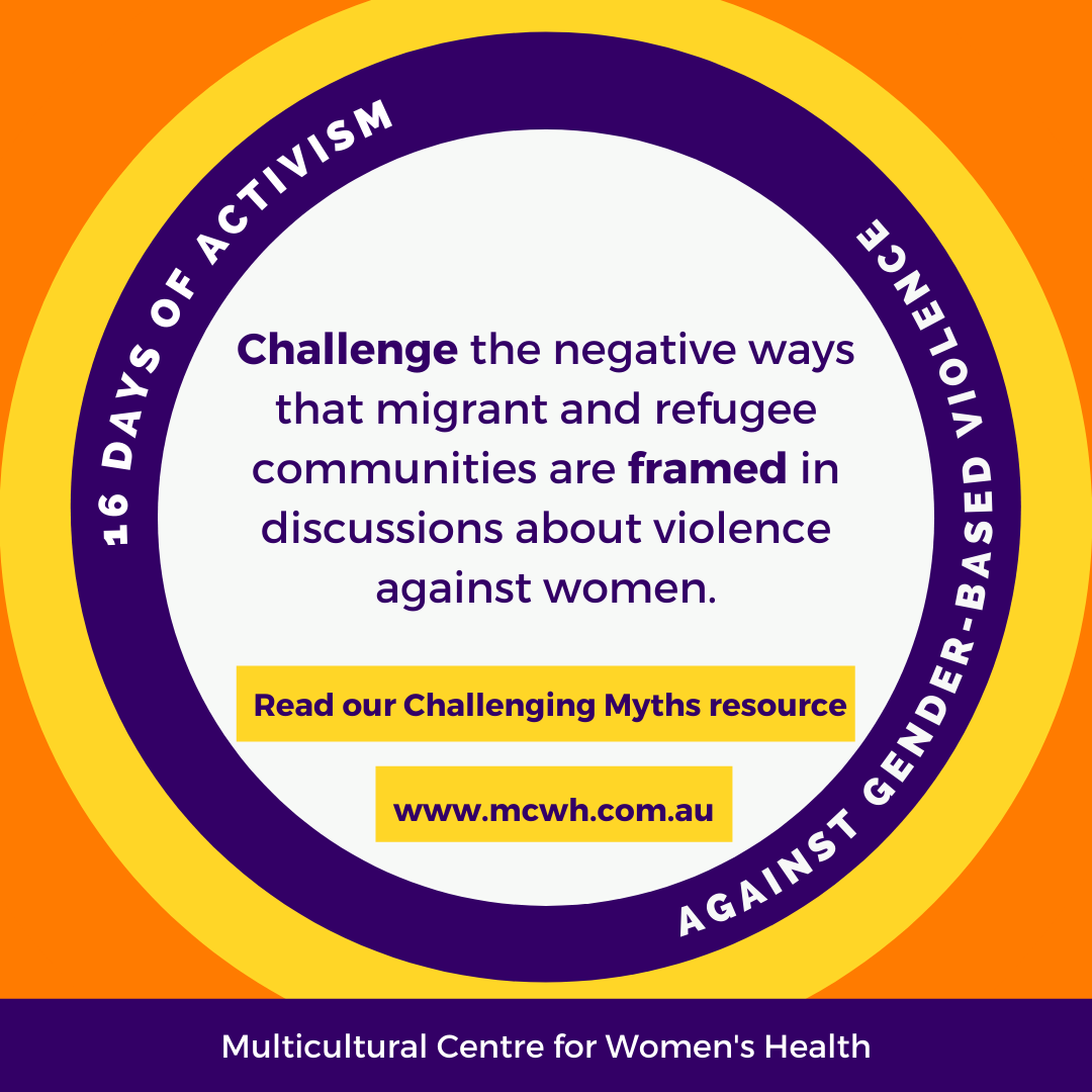 Bold circular shaped design in yellow, orange, purple. Purple text on white background promoting our Challenge the Myths resource. MCWH logo bottom of tile. 16 days of activism against gender-based violence written within the inner circle to indicate part of a series.