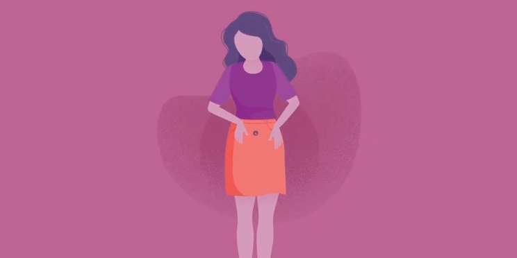 An illustration of a woman wearing a purple top and orange sirt, standing behind a pink background. The woman's face is not drawn, but she has her hands cradling her abdomen, where a small dot shape has been drawn to indicate a foetus growing in her womb.