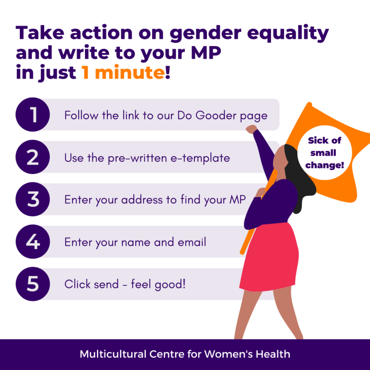 Illustration of a migrant women holding a banner. She’s campaigning for gender equality. Follow 5 Steps on our Do Gooder form for our #SickOfSmallChangeCampaign. Click the link to use a pre-written template to contact your local MP. Fill in details in less than 1 minute and feel good having advocated for gender equality. 
