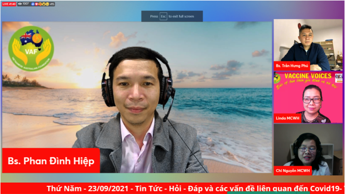 A screenshot of a zoom webinar featuring four speakers. The largest speaker on the screen is a Vietnamese man. The other speakers are also Vietnamese.