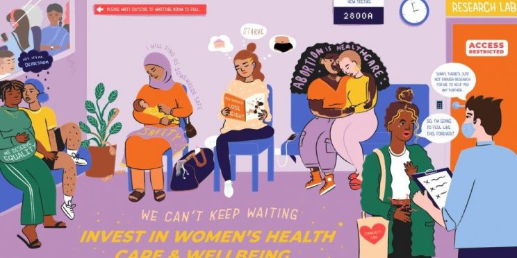A brightly coloured illustration of a waiting room full of women from different backgrounds and walks of life, expressing different health needs. On the waiting room floor it reads 'We can't keep waiting. Invest in women's health care and wellbeing'