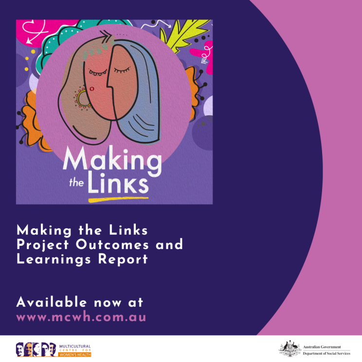 A square abstract image of a woman’s face taken from the Making the Links branding. MCWH and Government logos across the bottom. Text that re-iterates the caption text – check out our video and project report by clicking https://www.mcwh.com.au/making-the-links-project-outcomes-and-learnings-report/ 