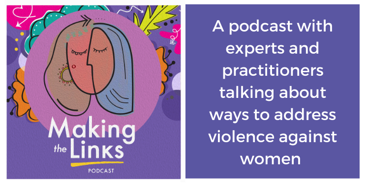 Two square illustrated purple tiles side-by-side, one with a brightly coloured abstract line-drawing of a woman or two women's faces, and one with the words "A podcast with experts and practitioners talking about ways to address violence against women."