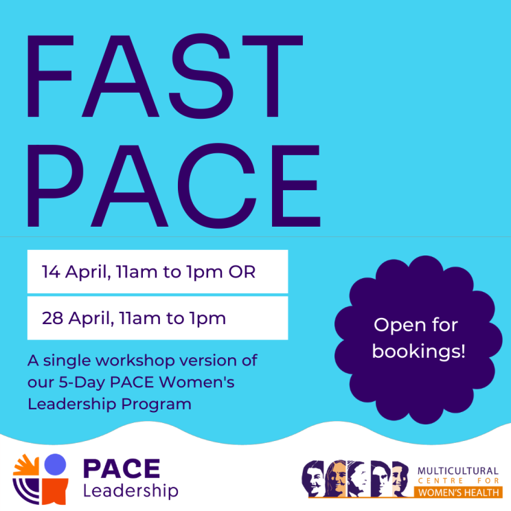 Image description: Purple bold text on a bright blue background featuring a wave and chunky flower shape. PACE and MCWH logo across the bottom. Text reads the same as the caption text to advertise the dates and times of our FAST PACE workshops. 