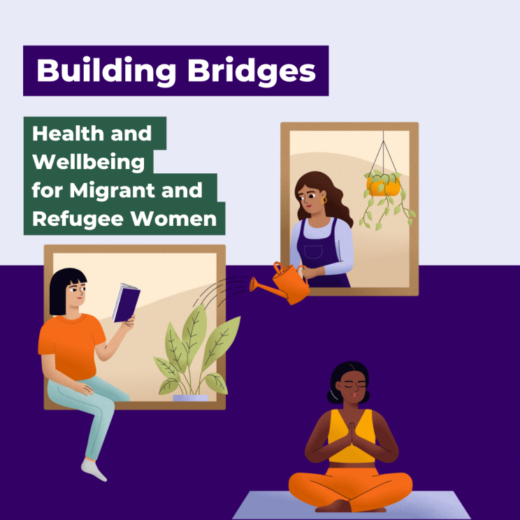 Text reads: Building bridges: Health and wellbeing for migrant and refugee women. Illustration of three women of colour. One is in a yoga pose, one is reading, one is tending plants.