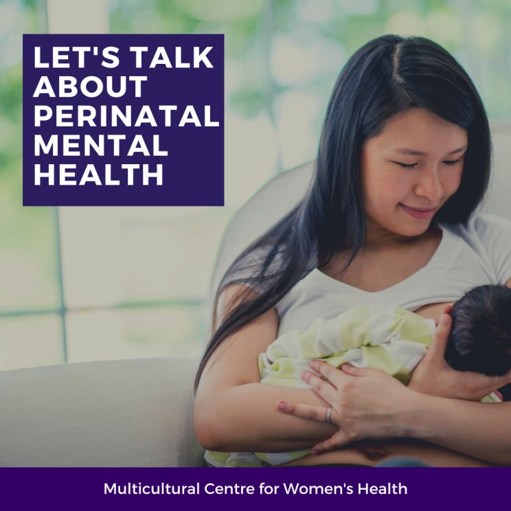 New mother breastfeeds a baby under text that reads 'let's talk about perinatal mental health.'