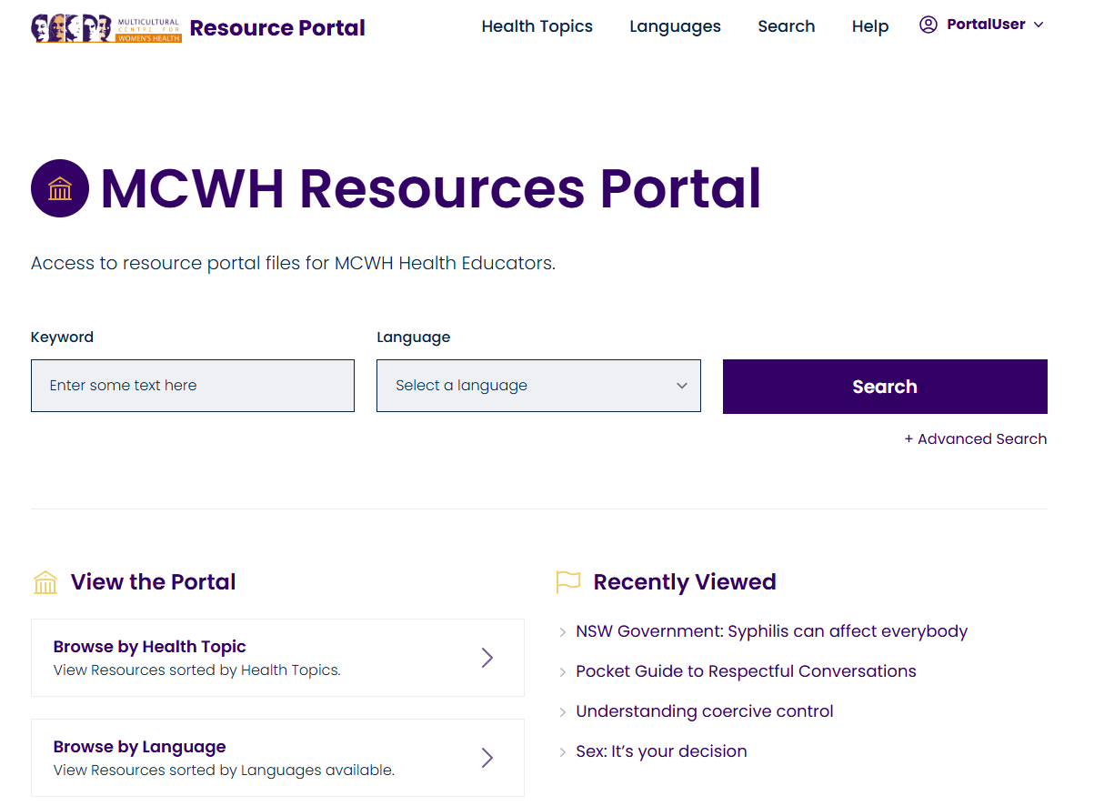 A screenshot of the multilingual resource portal, which looks like an online catalogue
