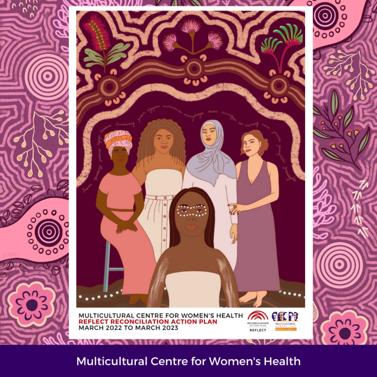 Gunimaa (mother earth) that the women stand on features flowing lines, recognising the intrinsic connection we have to our country, and its importance to the existence of First Nations peoples. The circles and lines above the women reflect the journey each migrant and refugee faces, often leaving loved ones behind but making new relationships along the way. 