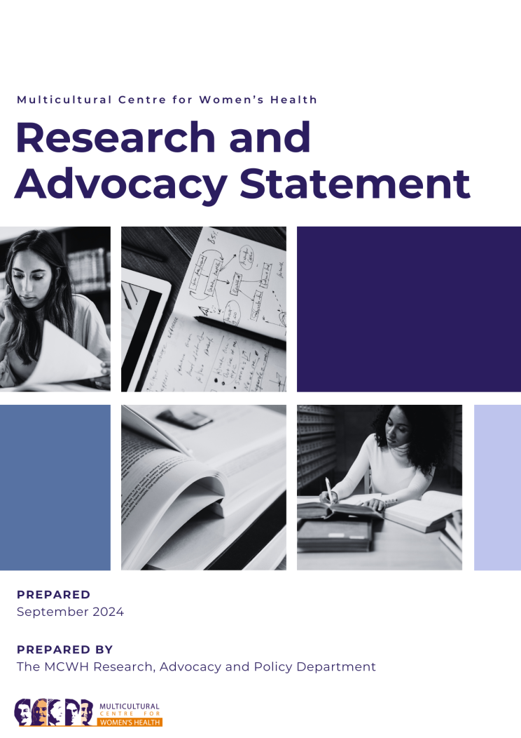 Research and Advocacy Statement front cover. Photos of female researchers of colour with purple graphics. Published Sept 2024