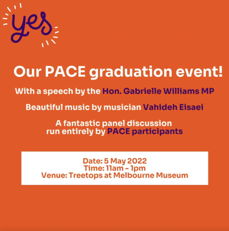 Red tile, White text. Click on tile to register for PACE Graduation event on 5th May, 11am - 1pm, Treetops at Melbourne Museum. 