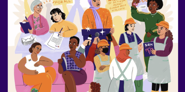 Cover of the MCWH Annual Report 2022 - 23. Colourful illustration of 13 women and gender diverse migrant women people in a range of advocacy settings. Some are able bodied, some have visible disability (wheelchair user) they hold health related flyers and intersectional feminist posters.