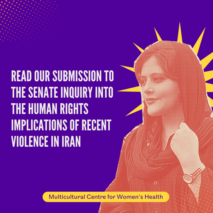 A purple tile with a photograph of Mahsa Jin Amini in orange with a star burst in yello behind her head. Text reads Read our Submission to the Senate Inquiry ito the Human Rights Implications of Recent Violence in Iran.