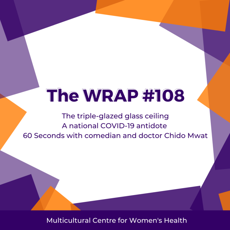  #108 edition of March WRAP newsletter. Purple text on white background fringed by overlapping orange and purple squares. Our newsletter article titles are centred in bold font and reiterated in the caption text. MCWH in white text on a purple horizontal banner across the bottom of the image. 