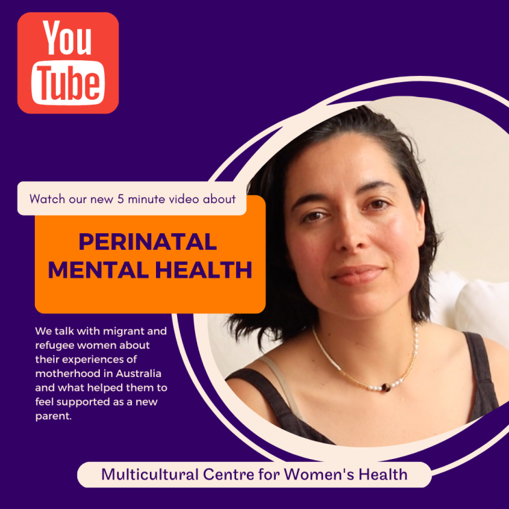 Link to our Perinantal Mental Health video on YouTube channel where we talk to migrant and refugee women about motherhood and support as a new parent. Image of a smiling women looking directly at the camera with an empathetic expression. 