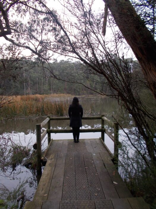 Service providers associate loneliness with depression. I had no time for depression I needed to survive. For me loneliness is expressed perfectly by Kim Culbertson, ‘People think being alone makes you lonely but I don’t think that’s true. Being surrounded by the wrong people is the loneliest thing in the world.’ I remember once thinking how could I express my situation to a service provider who had limited or no cultural understanding. Things have not changed much in country areas today. A woman wearing black stands with her back to the camera, at the edge of a lake. She is on a wooden platform that juts out onto the lake and is framed by a simple wooden log railing. The lake is full of tall green and brown grasses and the far side of the lake is thick bushland. The platform on which the figure stands looks damp and the figure wears a thick black jacket. The sky is white. The scene looks cold but perfectly still. Some trees and branches lean into the right of the frame and fill the top of the image.